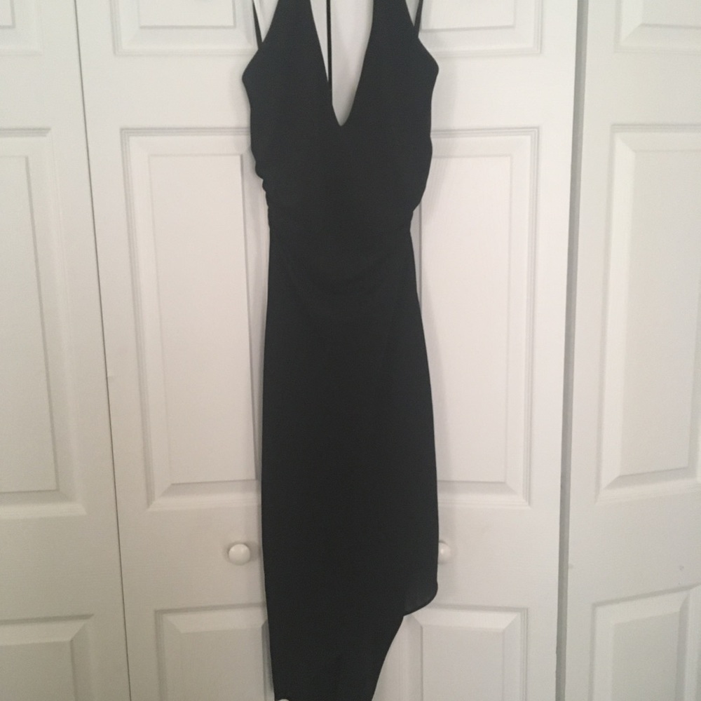 Bebe Black asymmetrical hem halter dress, small